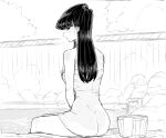  1girl absurdres bare_shoulders blush bucket fence greyscale guhanshounen hand_on_own_chest highres komi-san_wa_komyushou_desu komi_shouko long_hair looking_at_viewer monochrome naked_towel onsen rock sketch soaking_feet solo towel wet_towel wooden_fence 