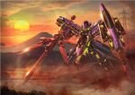  500_type_eva gun holding holding_gun holding_polearm holding_shield holding_weapon kneeling lance lance_of_longinus mecha mountain neon_genesis_evangelion no_humans official_art polearm science_fiction shield shinkansen_henkei_robo_shinkalion sky solo sunset weapon 