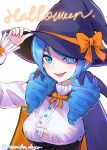  1girl :d alternate_costume artist_name bangs black_headwear blue_eyes blue_hair bow breasts dress_shirt drill_hair fang gwen_(league_of_legends) hair_ribbon halloween hand_up hat hat_bow highres large_breasts league_of_legends long_hair momikodayo orange_bow purple_ribbon ribbon shirt smile solo teeth twin_drills upper_body upper_teeth white_shirt witch_hat 