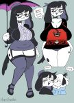  :3 anthro belly big_breasts black_hair black_tail blue_clothing blush blush_lines bodily_fluids breasts canid canine canis character_name choker cleavage clothed clothing domestic_dog duo english_text eyebags eyelashes female fur goth hair hanibelle_(puppychan48) happy hi_res holding_object holding_umbrella huge_breasts jewelry leggings legwear mammal markings navel necklace puppychan puppychan48 smile spots spotted_markings sweat tears text umbrella underwear white_body white_fur white_hair wide_hips 