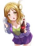  1girl absurdres blonde_hair blush brand_name_imitation breasts cleavage coca-cola collarbone eyebrows_visible_through_hair highres jacket jan_azure large_breasts looking_at_viewer love_live! love_live!_sunshine!! ohara_mari open_mouth purple_jacket purple_skirt skirt solo unzipped yellow_eyes zipper_pull_tab 