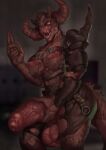  anthro armor balls bethesda_softworks big_breasts big_penis breasts clothing deathclaw fallout genitals gynomorph holding_penis horn huge_penis intersex koshak looking_at_viewer nipples no_pupils penis solo torn_clothing vein veiny_penis video_games 