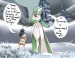 absurd_res big_breasts breasts cleavage clothed clothing duo female gardevoir genitals hi_res human larger_female mammal nintendo no_underwear not_furry pok&eacute;mon pok&eacute;mon_(species) pussy size_difference smaller_female snow the_lost_artist video_games 