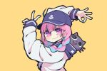  1girl baseball_cap blue_hair blue_nails cat eyebrows_visible_through_hair goodbye_sengen_(vocaloid) hat highres hololive jacket minato_aqua multicolored_hair neko_(minato_aqua) nekotaririn ok_sign pink_hair purple_eyes sleeves_past_wrists smile solo streaked_hair v v-shaped_eyebrows virtual_youtuber white_jacket yellow_background 