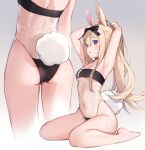  1girl animal_ears armpits arms_up ass bangs bare_arms bare_legs barefoot blonde_hair blue_eyes blush breasts commentary gris_swimsuit hair_between_eyes highres long_hair looking_at_viewer medium_breasts meme_attire multiple_views navel one-piece_swimsuit parted_lips ponytail rabbit_ears rabbit_tail see-through simple_background stomach swimsuit tail tying_hair very_long_hair virtual_youtuber vyugen yenko_(vtuber) yennineii 