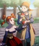  1boy 1girl bare_shoulders breasts brown_eyes brown_hair cleavage closed_mouth corset dragon_quest dragon_quest_viii dress earrings hero_(dq8) jessica_albert jewelry long_hair nanpou_(nanpou0021) open_mouth purple_shirt shirt smile twintails 