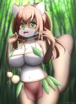  anthro big_breasts blush bottomwear breasts brown_body brown_fur canid canine clothed clothing faroula_twitt female fur hair hat headgear headwear hi_res kemono leaf leaf_bra leaf_clothing loincloth mammal navel open_mouth plant raccoon_dog solo standing tanuki tribal 