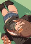  1girl black_legwear blush brown_eyes brown_hair denim denim_shorts eyebrows fu-ta hair_between_eyes hair_ornament hairclip highres hood hooded_jacket hoodie jacket long_hair open_mouth original panties ponytail shorts skirt solo teeth thighhighs underwear usami_taiga 