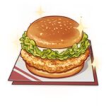  artist_request burger chicken_(food) commentary english_commentary food food_focus genshin_impact lettuce lowres mayonnaise meat napkin no_humans official_art sparkle still_life third-party_source transparent_background 
