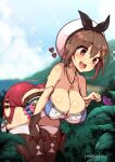  1girl :d ass atelier_(series) atelier_ryza bent_over blush breasts brown_eyes brown_gloves brown_hair day english_commentary frog gloves hair_ornament hairclip hanging_breasts hat heart highres jewelry large_breasts looking_at_animal necklace outdoors red_shorts reisalin_stout short_hair short_shorts shorts smile solo star_(symbol) star_necklace strap_slip thighhighs virus-g white_headwear 