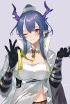  1girl ;d absurdres arknights bangs black_gloves blue_eyes blue_hair blush breasts cleavage collarbone cup detached_collar dragon_horns earrings elbow_gloves eyebrows_visible_through_hair gloves grey_background hati105 highres holding holding_cup horns jewelry large_breasts ling_(arknights) long_hair long_sleeves looking_at_viewer multicolored_hair necktie one_eye_closed parted_lips pointy_ears sidelocks signature simple_background smile solo streaked_hair twitter_username two-tone_hair underbust upper_body white_hair wide_sleeves yellow_necktie 