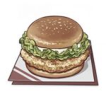  artist_request burger chicken_(food) commentary english_commentary food food_focus genshin_impact lettuce lowres mayonnaise meat muted_color napkin no_humans official_art still_life third-party_source transparent_background 