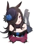  1girl :d animal_ears bangs black_dress black_headwear black_legwear brown_eyes brown_footwear brown_hair dress full_body hair_over_one_eye hat highres horse_ears horse_girl long_hair long_sleeves looking_at_viewer maotoutui open_mouth rice_shower_(umamusume) shoe_soles smile solo thighhighs umamusume white_background 