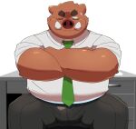  2022 anthro belly bottomwear clothing eyewear glasses hi_res kemono male mammal necktie omo_kemo one_eye_closed overweight overweight_male pants shirt sitting solo suid suina sus_(pig) topwear wild_boar 