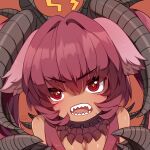  1girl absurdres artist_name bandersnatch_(black_souls) bangs bare_shoulders black_collar black_horns black_souls breasts chinese_commentary cleavage collar dark-skinned_female dark_skin eyebrows_visible_through_hair hair_between_eyes hair_intakes highres horns long_hair multicolored_hair open_mouth orange_background pink_hair pupa_jiang purple_hair red_eyes ringed_eyes sharp_teeth sidelocks simple_background solo spiked_collar spikes teeth twintails two-tone_hair upper_body v-shaped_eyebrows yellow_pupils 