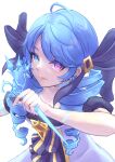  1girl absurdres ahoge bangs black_bow blue_eyes blue_hair bow breasts closed_mouth dress drill_hair eyebrows_visible_through_hair grey_dress gwen_(league_of_legends) hair_bow heterochromia highres holding holding_scissors league_of_legends long_hair looking_at_viewer momikodayo pink_eyes puffy_short_sleeves puffy_sleeves scissors shiny shiny_hair short_sleeves simple_background smile solo star-shaped_pupils star_(symbol) symbol-shaped_pupils twin_drills white_background 