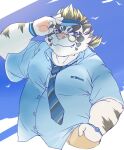  2022 anthro bawp clothing cute_fangs eyewear felid glasses humanoid_hands kemono licho_(tas) lifewonders male mammal necktie overweight overweight_male pantherine pink_nose shirt solo tiger tokyo_afterschool_summoners topwear video_games white_body 