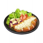  artist_request chicken_(food) commentary english_commentary food food_focus genshin_impact lettuce lowres no_humans official_art plate sauce still_life third-party_source tomato transparent_background 