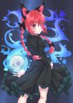  1girl :/ absurdres animal_ears blush braid breasts cat_ears dress extra_ears feet_out_of_frame fire flame from_behind green_dress highres hitodama kaenbyou_rin long_hair looking_at_viewer looking_back parted_lips ramie_(ramie541) red_eyes red_hair simple_background skull small_breasts solo touhou twin_braids twintails 