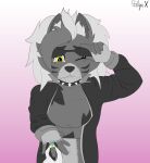 anthro canid canine canis clothing collar eyewear fangs feljerx female first_person_view five_nights_at_freddy&#039;s five_nights_at_freddy&#039;s:_security_breach glasses glowing glowing_eyes hair happy hi_res jacket long_hair mammal monochrome one_eye_closed pink_background ring roxanne_wolf_(fnaf) scottgames simple_background smile smiling_at_viewer solo sunglasses topwear video_games wolf 