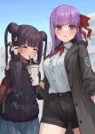  2girls absurdres bangs bb_(fate) bb_(fate/extra) black_coat black_gloves black_shorts black_sweater blue_skirt blue_sky blunt_bangs blush breasts closed_eyes clothing_cutout coat collared_shirt cup double_bun dress_shirt drinking_straw fate/extra fate/extra_ccc fate/grand_order fate_(series) gloves hair_ornament hair_ribbon highres kopaka_(karda_nui) large_breasts leaf_hair_ornament long_hair long_sleeves looking_at_viewer multiple_girls neck_ribbon open_clothes open_coat purple_eyes purple_hair red_ribbon ribbon shirt shorts shoulder_cutout sidelocks skirt sky smile sweater thighs twintails very_long_hair white_shirt yang_guifei_(fate) 