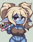  abs average-hanzo big_breasts blush bottomless breasts clothed clothing female frown humanoid humanoid_pointy_ears league_of_legends looking_at_viewer muscular muscular_female not_furry poppy_(lol) pregnancy_test riot_games shirt short_stack solo tank_top topwear twintails_(hairstyle) video_games yordle 