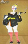  2021 absurd_res animal_crossing anthro asian_clothing avian bird blanche_(animal_crossing) blush bottomless breasts cleavage clothed clothing east_asian_clothing feathers female footwear hambor12 hi_res holding_object japanese_clothing kimono looking_at_viewer neck_tuft nintendo ostrich pipe ratite sandals smile smoke solo standing tail_feathers talons tuft video_games white_body white_feathers wide_hips 