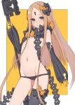  1girl abigail_williams_(fate) absurdres bangs bare_shoulders black_bow black_legwear black_panties blonde_hair blue_eyes border bow breasts closed_mouth detached_sleeves fate/grand_order fate_(series) forehead hair_bow highres key keyhole kopaka_(karda_nui) long_hair multiple_bows multiple_hair_bows navel orange_bow panties parted_bangs ribbed_sleeves single_thighhigh small_breasts smile staff thighhighs thighs underwear white_border yellow_background 