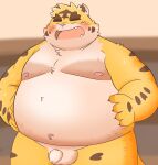  2022 anthro balls blush cute_fangs eyes_closed felid flaccid genitals hi_res humanoid_genitalia humanoid_hands humanoid_penis kemono male mammal overweight overweight_male pantherine penis puss3250 small_penis solo tiger 