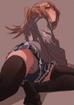  1girl black_legwear blush brown_eyes brown_hair eyebrows feet fu-ta hair_between_eyes hair_ornament hairclip highres long_hair looking_at_viewer original panties ponytail skirt solo teeth thighhighs thighs underwear usami_taiga 