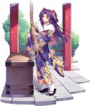  1girl ark_order artist_request bangs black_footwear clannad fence floral_print full_body fur_collar hair_bobbles hair_intakes hair_ornament ichinose_kotomi japanese_clothes kimono long_hair long_sleeves looking_at_viewer official_art okobo print_kimono purple_eyes purple_hair purple_kimono shrine_bell sidelocks solo stone_floor tabi transparent_background tree two_side_up white_legwear wide_sleeves 