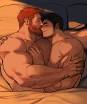  2boys bara bed bed_sheet black_hair blush body_hair closed_eyes highres hug jang_ju_hyeon kiss kissing_forehead large_pectorals male_focus mature_male multiple_boys muscular muscular_male orange_hair original pectorals 