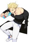  1boy bara blonde_hair bottle closed_eyes highres kray_foresight large_pectorals male_focus muscular muscular_male pants pectorals promare shirt shoes solo sweat tight water_bottle white_6606 