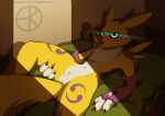  absurd_res bandai_namco bed blush chest_tuft detailed_background digimon digimon_(species) ebbakatten female flat_chested furniture genitals glowing glowing_eyes hi_res inside leg_grab looking_at_viewer lying navel on_back on_bed pussy renamon solo spread_legs spreading tuft 