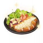  artist_request chicken_(food) commentary english_commentary food food_focus genshin_impact lettuce lowres no_humans official_art plate sauce sparkle still_life third-party_source tomato transparent_background 