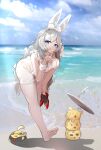  &gt;_&lt; +_+ 1girl absurdres alternate_breast_size animal_ears azur_lane beach bent_over blue_eyes braid breasts cleavage crotchless crotchless_pantyhose eyebrows_visible_through_hair fake_animal_ears full_body grey_hair highres holding holding_clothes holding_footwear le_malin_(azur_lane) le_malin_(listless_lapin)_(azur_lane) leaning_forward leotard long_hair low_twin_braids magician_(huan_xian) manjuu_(azur_lane) medium_breasts official_alternate_costume pantyhose playboy_bunny rabbit_ears rabbit_tail red_footwear shoes shoes_removed solo tail tray twin_braids very_long_hair water white_leotard 