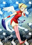  1girl absurdres angel_wings blonde_hair breath_of_fire breath_of_fire_iii china_dress chinese_clothes dress feathered_wings full_body green_eyes highres looking_at_viewer maruno nina_(breath_of_fire_iii) open_mouth short_hair smile solo thighhighs white_wings wings 