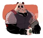  2022 anthro black_body black_nose clothing dubudubudubudub giant_panda hi_res humanoid_hands kemono male mammal mug musclegut one_eye_closed shirt solo topwear ursid white_body wink 