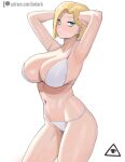  1girl android_18 aqua_eyes armpits arms_up bare_shoulders bikini blonde_hair blush breasts cameltoe cleavage closed_mouth cowboy_shot donburi_(donburikazoku) dragon_ball dragon_ball_z ear_piercing earrings highres jewelry large_breasts looking_at_viewer navel patreon_logo patreon_username piercing short_hair simple_background smile solo strap_gap string_bikini swimsuit thighs web_address white_background white_bikini 
