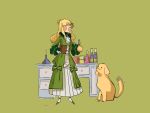  1girl audrey_hall blonde_hair blush chinese_commentary closed_eyes commentary_request corset desk dog dress flask fyy2333 gloves golden_retriever green_background green_dress green_footwear green_ribbon hand_on_hip highres holding holding_flask long_hair long_sleeves lord_of_the_mysteries ribbon simple_background smile susie_(lord_of_the_mysteries) white_gloves white_legwear 