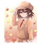  1girl autumn_leaves brown_hair brown_headwear brown_jacket brown_shorts buttons cabbie_hat closed_jacket closed_mouth cocoa_(cocoa1qld) collared_shirt ellipsis_(mitei) eyebrows_visible_through_hair flat_cap hat holding holding_clothes holding_hat jacket leaf necktie pointy_ears red_eyes red_necktie shameimaru_aya shameimaru_aya_(newsboy) shirt short_hair shorts smile standing touhou white_shirt 