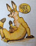  &lt;3 ambiguous_gender animate_inanimate anthro claws dialogue english_text feet hi_res kangaroo living_plushie macropod mammal marsupial plushie pouch_(anatomy) pouch_play simple_background solo speech_bubble sushiotter_(artist) teasing text toe_claws toes traditional_media_(artwork) 