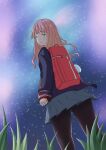  absurdres aurora backpack bad_id bad_pixiv_id bag blonde_hair eyebrows_visible_through_hair grass green_eyes gridman_universe highres long_hair minami_yume miniskirt night night_sky pantyhose school_uniform skirt sky ssss.dynazenon st_yui star_(sky) starry_sky 