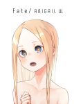  1girl abigail_williams_(fate) absurdres bangs blonde_hair blue_eyes blush breasts character_name collarbone fate/grand_order fate_(series) forehead highres kopaka_(karda_nui) long_hair looking_at_viewer nude open_mouth orange_pupils parted_bangs small_breasts solo upper_body 