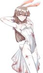  1girl absurdres animal_ears armpits blood blood_on_chest blood_on_clothes blood_on_face blood_on_hands breasts brown_eyes brown_hair covered_nipples groin hair_between_eyes hand_in_hair highres leotard long_hair looking_at_viewer original rabbit_ears rabbit_tail small_breasts smile solo tail thighhighs tsu_(lovesick1964) white_background white_legwear 