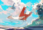  absurdres claws cloud day flying from_below highres latias latios mudkip no_humans outdoors pokemon pokemon_(creature) riding riding_pokemon sky two_pokemon yellow_eyes 