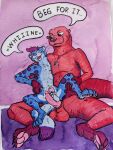  2021 4_toes anthro begging blue_body blue_fur bodily_fluids chastity_cage chastity_device claws cum dialogue duo english_text feet felid fur genital_fluids genitals hair hi_res lutrine male male/male mammal meru_(meru) multicolored_body multicolored_fur mustelid pantherine penis purple_body purple_fur purple_hair red_body red_fur simple_background size_difference snow_leopard speech_bubble sushiotter_(artist) tako_(character) text toe_claws toes traditional_media_(artwork) two_tone_body two_tone_fur 