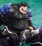  2022 absurd_res anthro balls belly black_body blush bodily_fluids cum drooling erection felid genital_fluids genitals hi_res humanoid_hands kemono kingdom_hearts male mammal masturbation moobs nipples overweight overweight_male penis pete_(disney) saliva sex_toy sitting solo square_enix video_games yunukopi 
