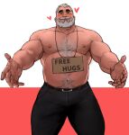  1boy bara beard belly belt body_hair facial_hair highres jang_ju_hyeon large_pectorals looking_at_viewer male_focus mature_male muscular muscular_male nipples original pants pectorals solo white_hair 