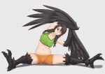  1girl absurdres bird_legs black_feathers black_hair braid breasts cameltoe closed_mouth collarbone feathered_wings glasses green_tank_top harpy highres karasu_tengu_(monster_girl_encyclopedia) long_hair medium_breasts monster_girl monster_girl_encyclopedia one_eye_closed orange_shorts pointy_ears red_eyes second-party_source shorts simple_background skin_tight solo stormcow stretch talons tank_top twin_braids wings 